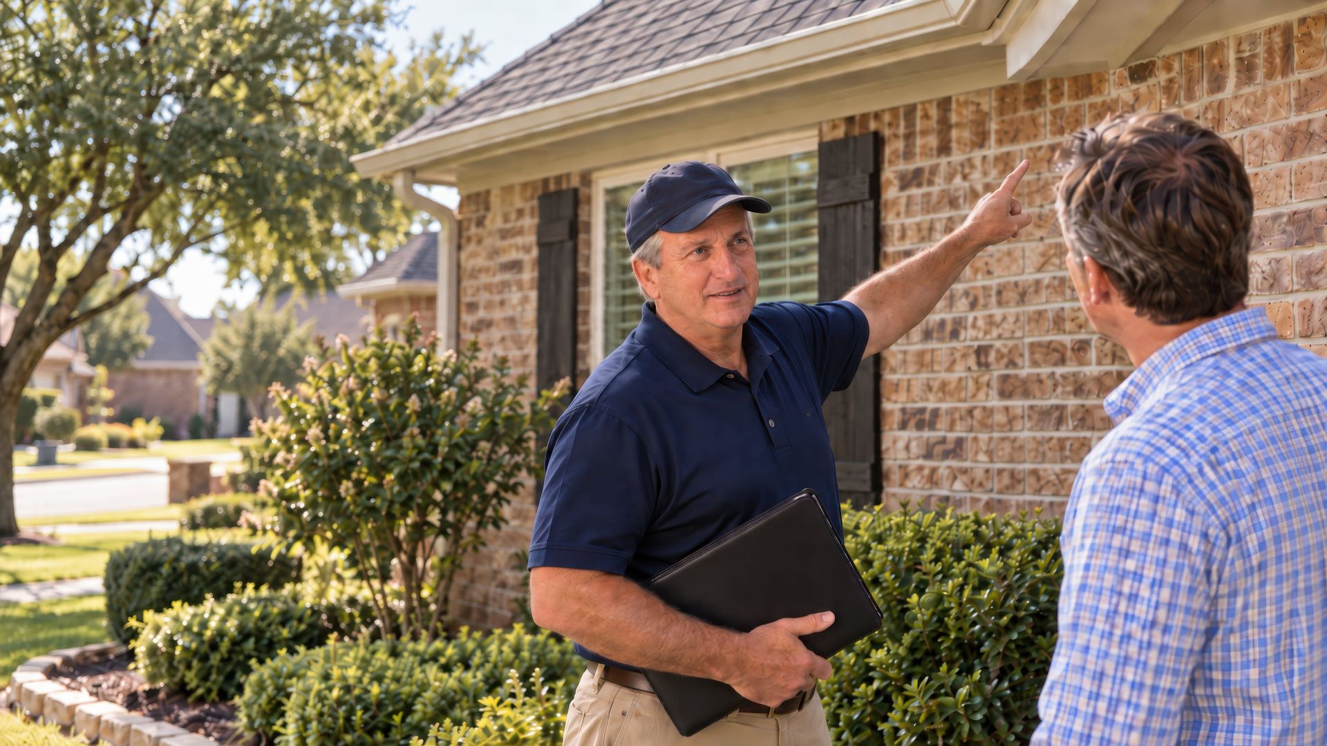 Randy Griffin pointing out a detail on a home's exterior while talking with a homeowner