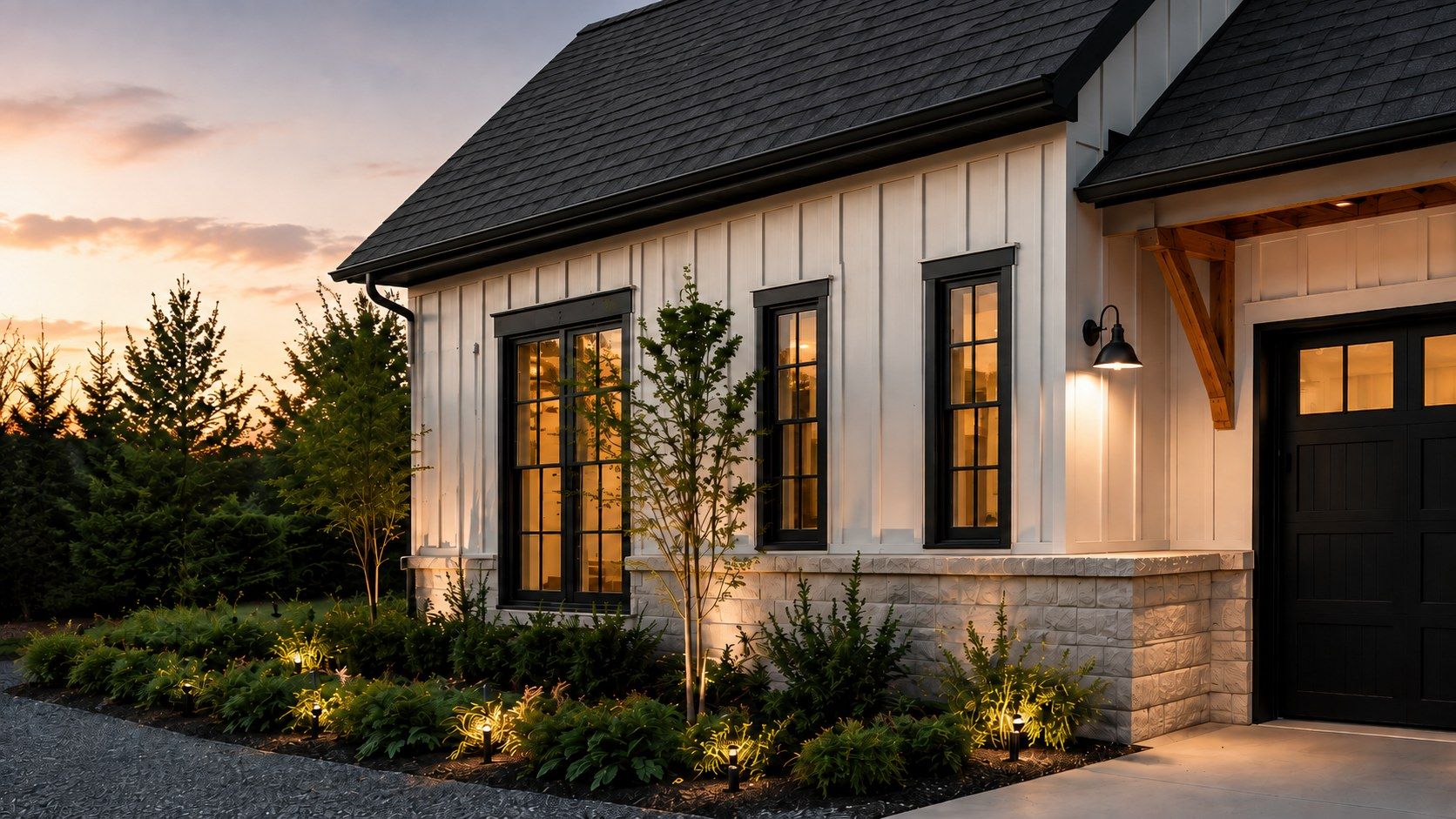 Modern farmhouse-style home exterior with white board-and-batten siding and a dark shingle roof at dusk