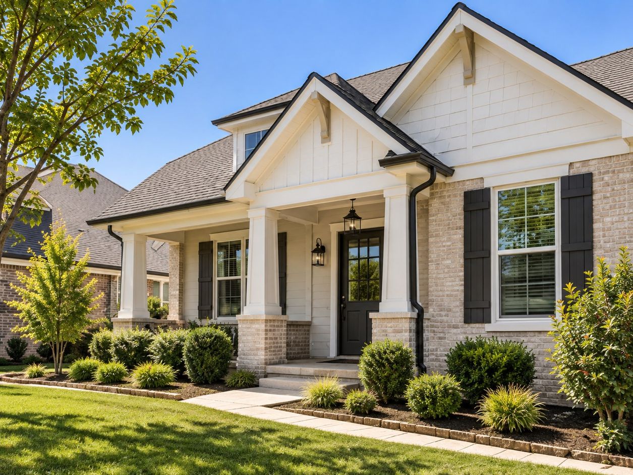 A freshly painted home with white gables and trim, black shutters and a covered front porch