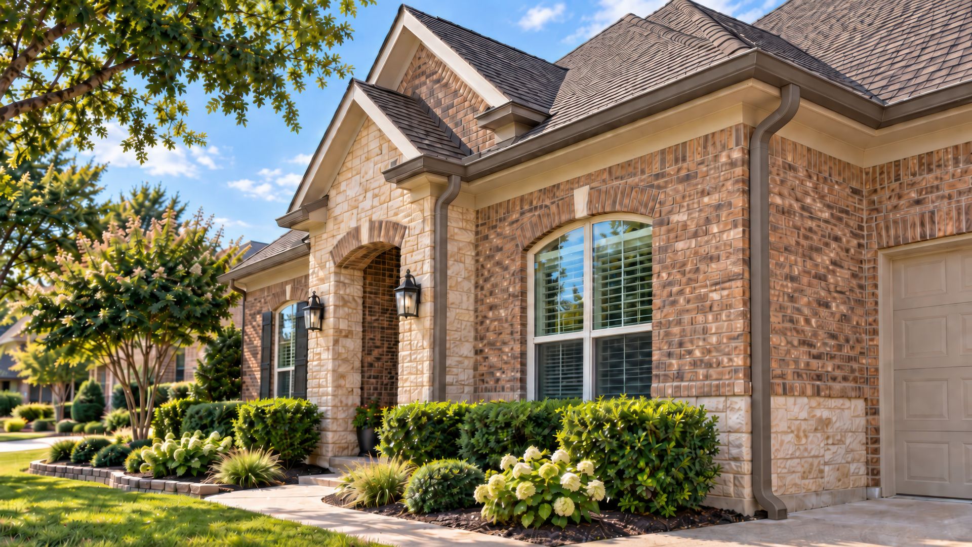 A brick and stone home with seamless gutters and downspouts running the rooflines