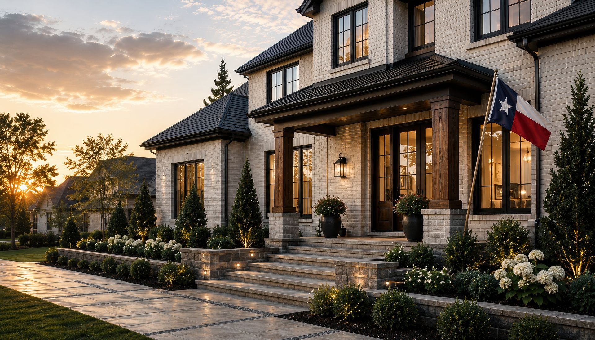 A brick home exterior at dusk with a Texas flag