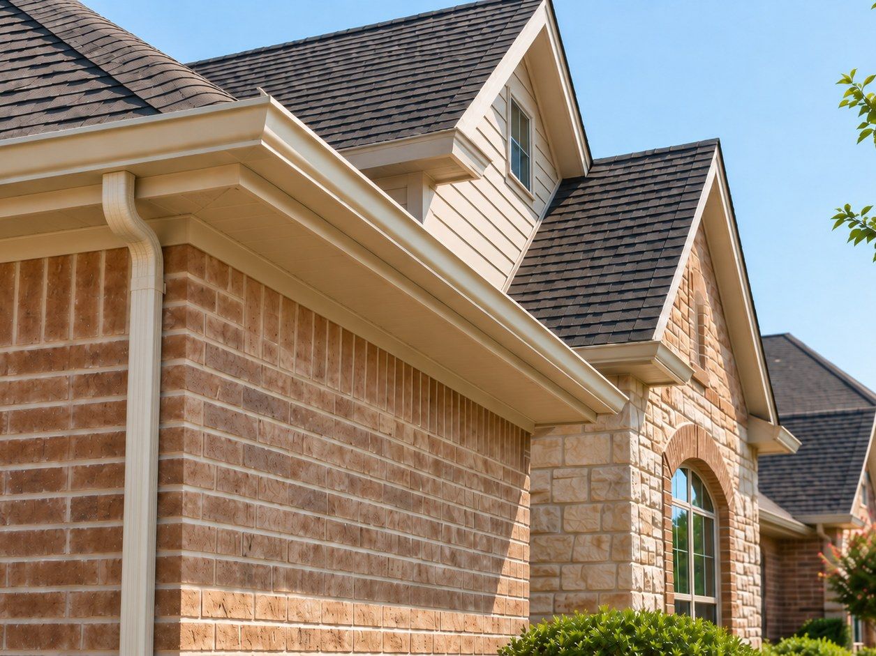 A cream seamless gutter and downspout along the eave of a brick and stone home