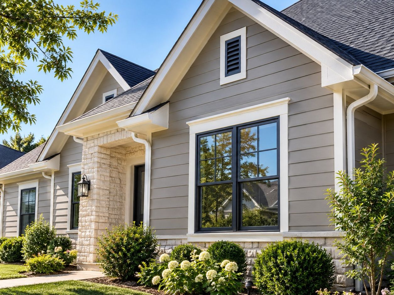 A gray lap-siding home with a large black-framed window, white trim and a stone entry