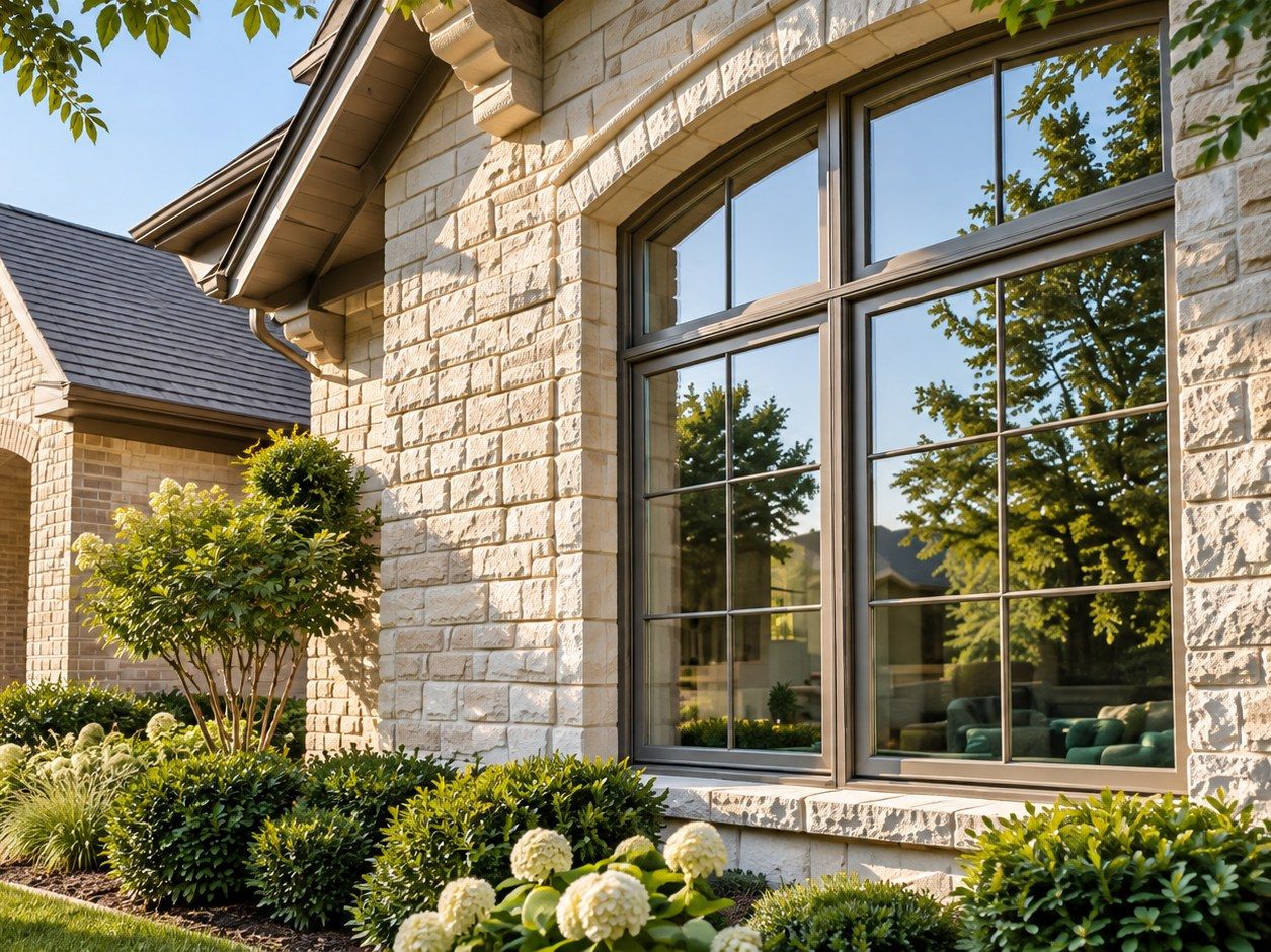 A large arched picture window in a stone-faced wall, with landscaping below