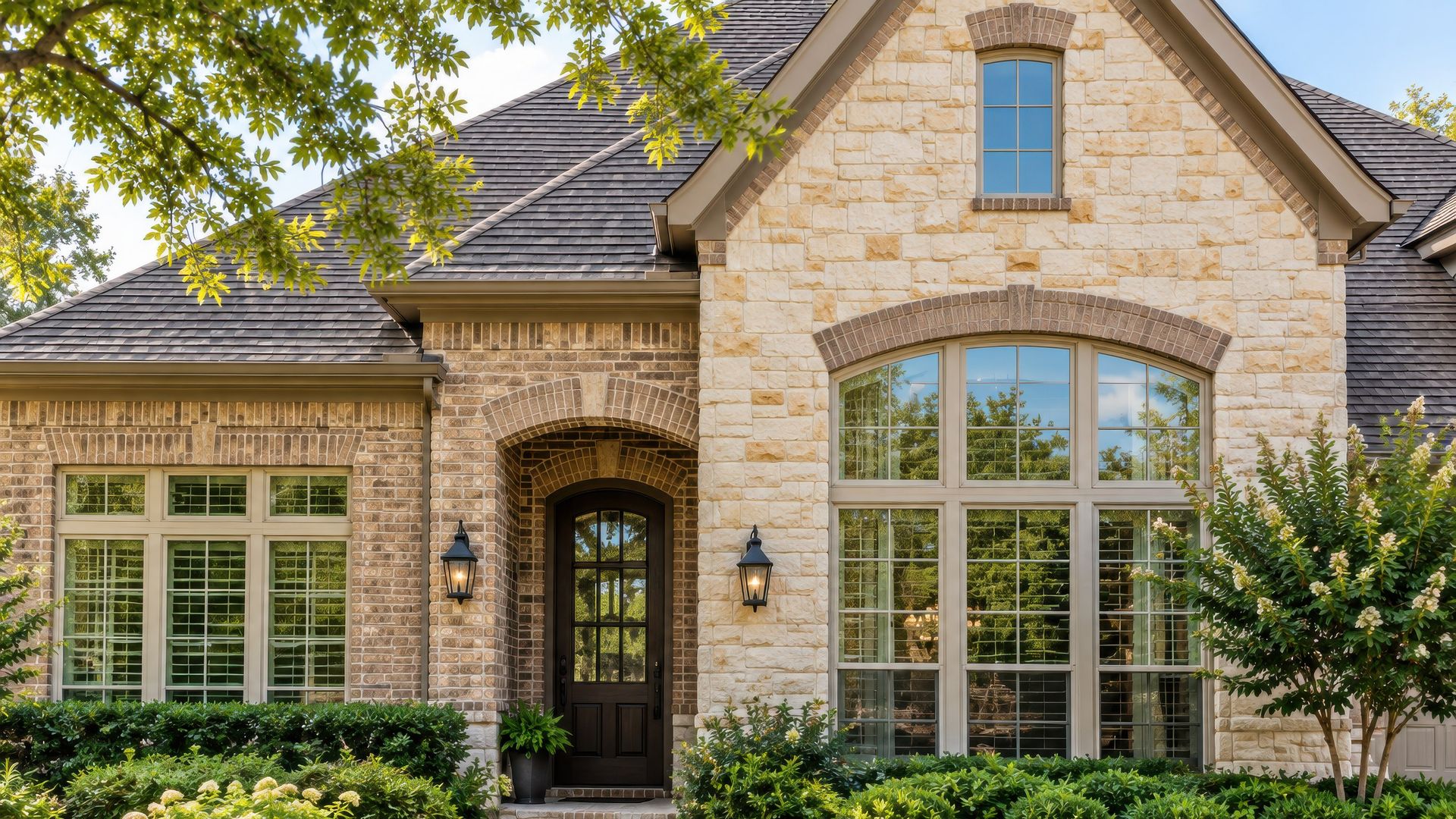 A brick and stone home with a large arched picture window and divided-light windows