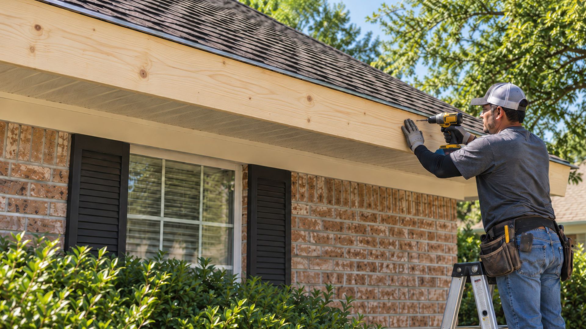 A worker on a ladder fastening a new, unpainted fascia board along a roofline