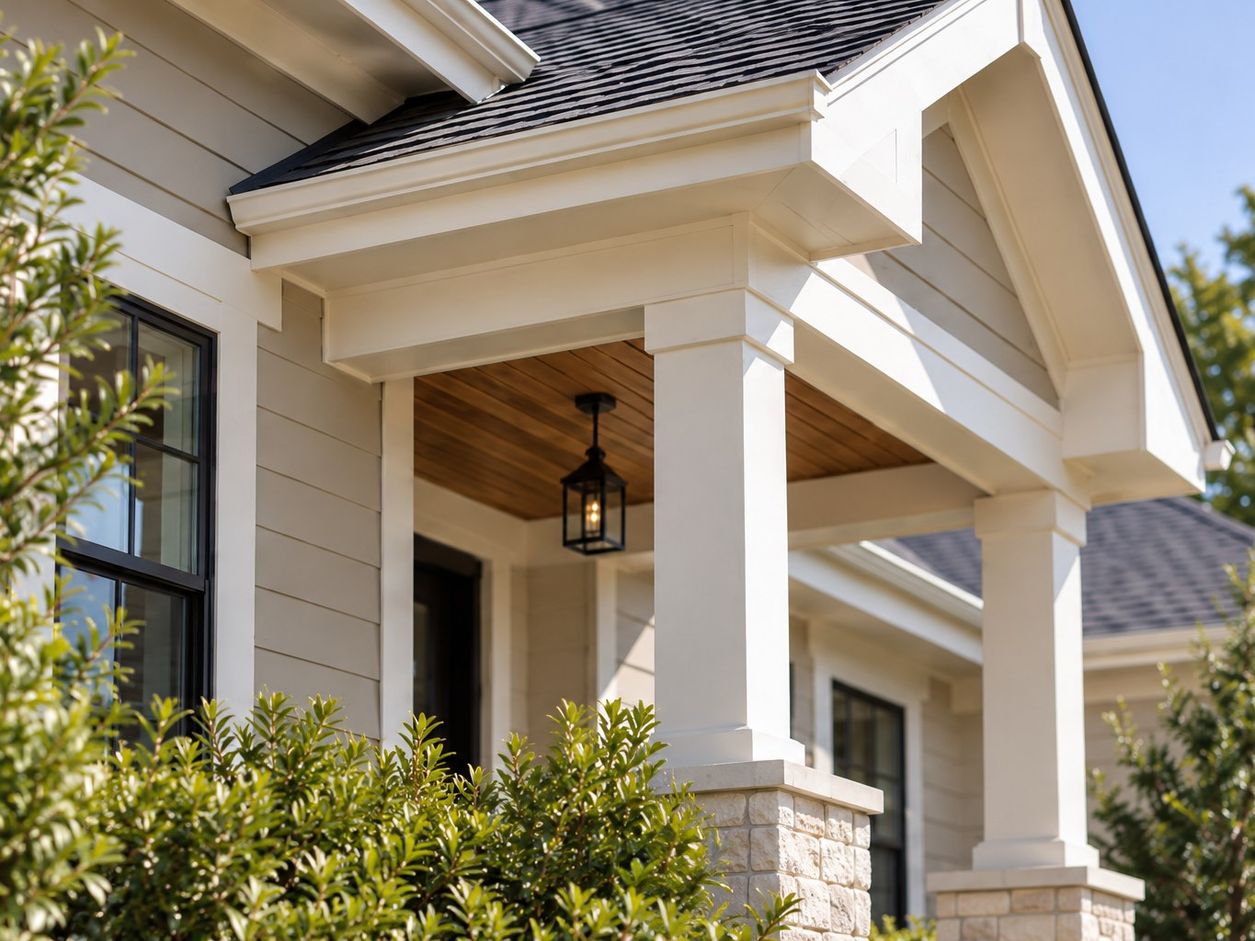 Close-up of a porch with square columns, trim and fascia above stone column bases